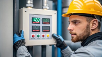 Fototapete - A medium closeup of an engineer in a hard hat carefully inspecting the control panel of an industrial cooling system with digital readouts displaying temperature and pressure