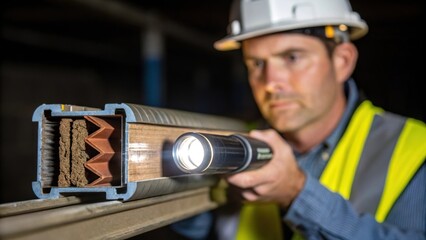 Aufkleber - A medium closeup of an engineer inspecting a bridge expansion joint holding a flashlight to illuminate the joints inner mechanics revealing various layers of materials.