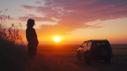 Poster - Traveler admires the breathtaking sunset over the open landscape while standing beside a parked vehicle. Generative AI
