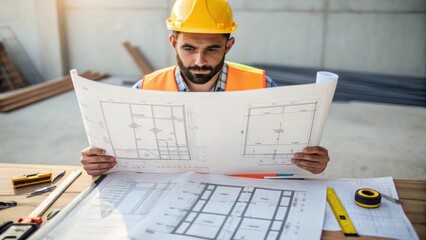 Aufkleber - A medium closeup of an engineer reviewing blueprints and structural diagrams surrounded by construction materials emphasizing the planning stage of earthquakeresistant design.