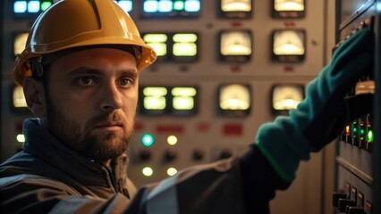 Aufkleber - A medium closeup of an engineer wearing a hardhat and gloves immersed in adjusting settings on a control panel adorned with blinking lights and meters.