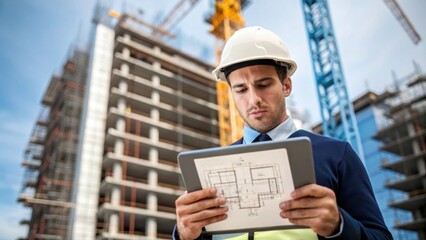 Aufkleber - A medium closeup of an engineer reviewing architectural blueprints on a tablet with the towering building framework visible in the background emphasizing planning and