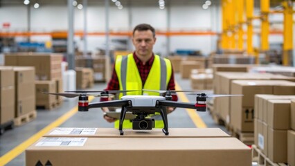 Aufkleber - A medium closeup of an operator in a highvisibility vest troubleshooting a malfunctioning drone in a distribution setting surrounded by boxes and tingedge logistics equipment.
