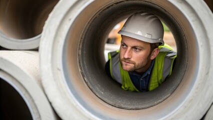 Aufkleber - A medium closeup of an operator inspecting the curing process of a freshly cast concrete pipe examining its smooth surface for any imperfections.