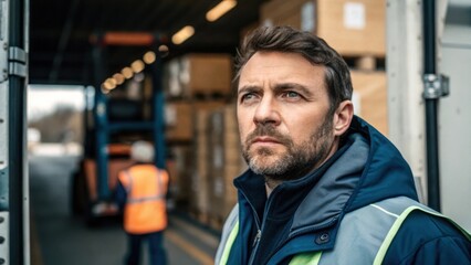 Aufkleber - A medium closeup of an operator supervising the loading process with his face focused and serious framed by the moving equipment in the background.