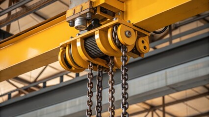 Aufkleber - A medium closeup of an overhead crane trolley suspended from a beam showcasing the intricate pulleys and chains connected to a safety mechanism.