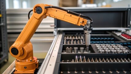 Aufkleber - A medium closeup of a robotic arm assembling parts of a large plow emphasizing the automation technology in agricultural manufacturing with various tools and parts tered nearby.