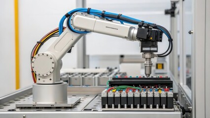 Aufkleber - A medium closeup of a robotic arm at rest positioned near an assembly fixture with its cables and wires meticulously organized reflecting a blend of technology and efficiency.