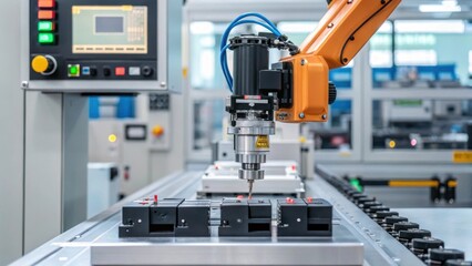 Aufkleber - A medium closeup of a robotic system adjusting the speed of its operations in response to realtime feedback showcasing adaptability in automated manufacturing processes.