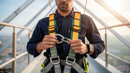 Poster - A medium closeup of a safety harness being sped on by a crew member emphasizing the importance of safety in a highaltitude work environment.
