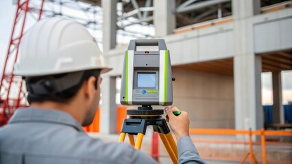 Poster - A medium closeup of a scanning technician adjusting the laser scanners settings with a partially built structure and equipment in the background illustrating the scanning setup
