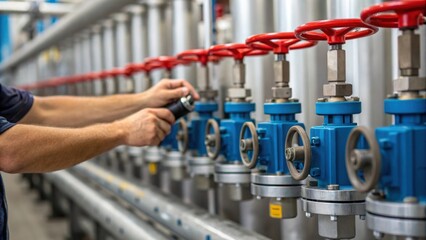 Aufkleber - A medium closeup of a series of valves and levers showing the operators hands in motion as they control the flow of water through the plant.