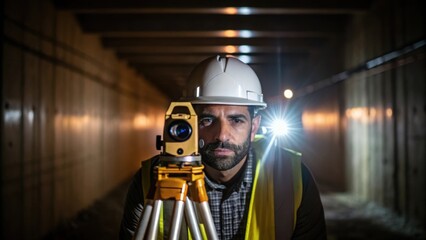 Poster - A medium closeup of a surveyor looking through a theodolite illuminated by a flashlight with the construction area stretching into the soft darkness behind him.