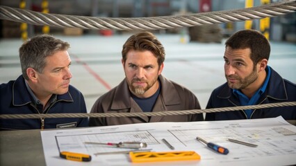 Aufkleber - A medium closeup of a team of inspectors discussing their findings over a suspended cable with diagrams and tools tered around illustrating collaborative analysis.