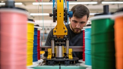 Poster - A medium closeup of a technician calibrating a robotic system surrounded by spools of colorful threads and layers of fabric in the background.