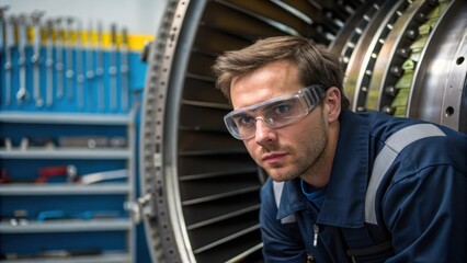 Poster - A medium closeup of a technician in safety goggles inspecting a large steel compressor with focused expressions and tools tered in the background.