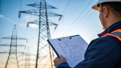Poster - A medium closeup of a technician examining a schematic diagram on a clipboard with a backdrop of towering electrical poles silhouetted against a blue sky.