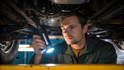 Aufkleber - A medium closeup of a technician using a portable inspection light to check the underside of a mixer revealing complex mechanical components and the effort involved in maintenance.