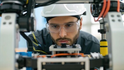 Poster - A medium closeup of a technician wearing protective gear inspecting a robotic assembly unit with focus on the intricate components and the technicians determined expression.