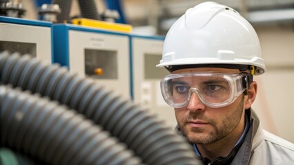 Aufkleber - A medium closeup of a technician wearing a safety helmet and goggles observing the setup of a dust control system with a focused expression.