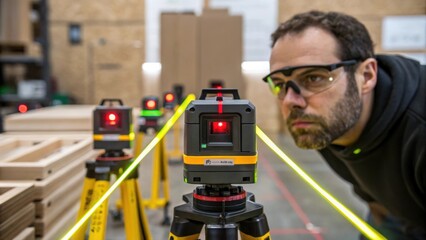 Aufkleber - A medium closeup of a technician using a laser level to ensure precise alignment of multiple modular units highlighting the importance of accuracy in the installation process.