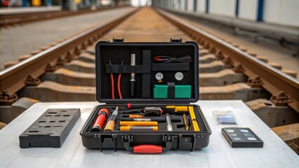 Poster - A medium closeup of a toolbox filled with various tools and equipment essential for rail signal installation tered across a surface with a partially completed installation in the
