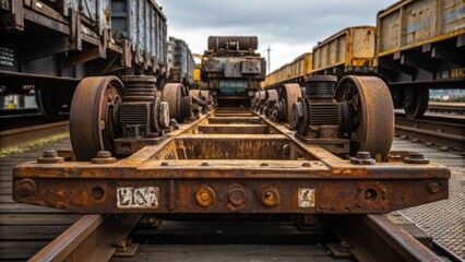 Poster - A medium closeup of a trains cargo platform loaded with industrial machinery where the details of rust and wear are evident on the equipment.