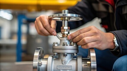 Aufkleber - A medium closeup of a valve being securely fastened to testing equipment hands at work demonstrating precise careful movements.