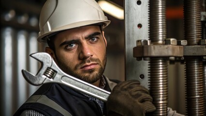 Poster - A medium closeup of a worker adjusting a large wrench on a bolt their face showing concentration with steel components of the silo partially visible behind them.