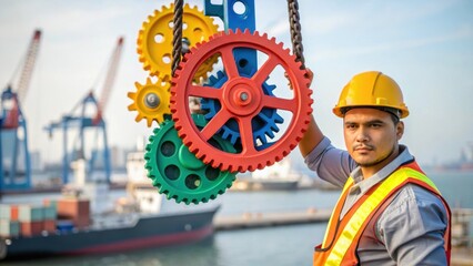 Poster - A medium closeup of a worker adjusting a large cargo sling with vibrant colors of the gears and pulleys in the foreground and the shipyard bustling in the background.