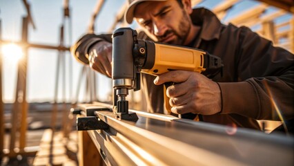 Poster - A medium closeup of a worker adjusting a nail gun the metal parts glinting in the sunlight emphasizing the craftsmanship and mechanical elements involved in construction.