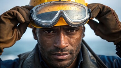 Aufkleber - A medium closeup of a worker adjusting safety goggles sweat glistening on his forehead portraying the intense focus and dedication required in the challenging marine environment.