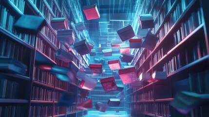 A glowing digital library in the metaverse with holographic books floating in the air, conceptual style