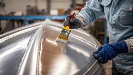 Aufkleber - A medium closeup of a worker applying a layer of protective paint to a vessel their gloved hands steady as they ensure complete coverage on the metal surface.