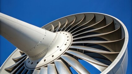 Aufkleber - A medium closeup of a wind turbines rotor blades showcasing their curved design and aerodynamic profile framed against a blue sky.