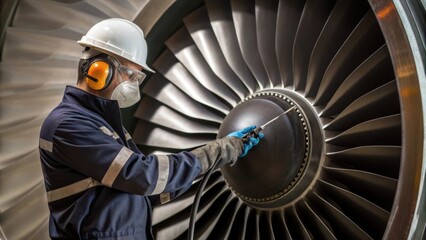 Aufkleber - A medium closeup of a worker applying protective coatings to the turbine displaying the attention to maintenance and durability.