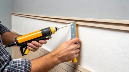 Aufkleber - A medium closeup of a worker applying adhesive to the edge of a soundproof wall panel focusing on the hands and the tools involved in the assembly.