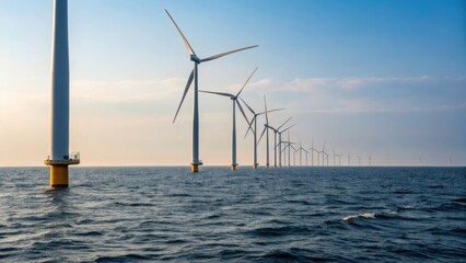 Aufkleber - A medium closeup of a wind farms initial stage with several turbine towers rising from the water seen from an angle that emphasizes the vastness of the sea and the scale of