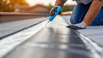 Poster - A medium closeup of a worker applying a sealant to waterproof the joints of the reservoir focusing on the careful application and the texture of the materials.
