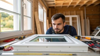 Aufkleber - A medium closeup of a worker examining the installation of a window frame with natural light illuminating the workspace and enhancing focus on craftsmanship.