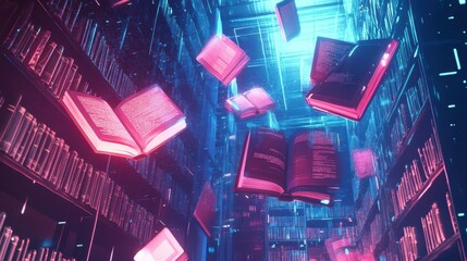 A glowing digital library in the metaverse with holographic books floating in the air, conceptual style