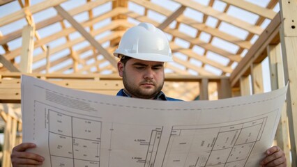 Aufkleber - A medium closeup of a worker examining a blueprint with various truss pieces behind them emphasizing the planning involved in the construction process.