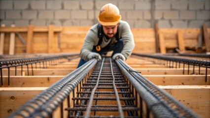 Aufkleber - A medium closeup of a worker gracefully maneuvering a long length of rebar into place with a backdrop of wooden forms ready for concrete.