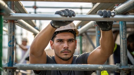 Poster - A medium closeup of a worker guiding a section of scaffolding into place sweat glistening on his brow reflecting the physical intensity of the task.