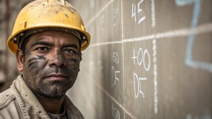 Poster - A medium closeup of a worker in a hard hat their face covered in grime as they mark measurements on a concrete wall with chalk.