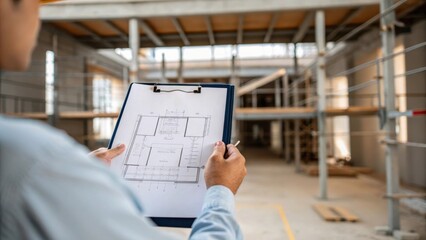 Aufkleber - A medium closeup of a worker holding a clipboard examining blueprints with a partially constructed office space in the background emphasizing planning and structure.