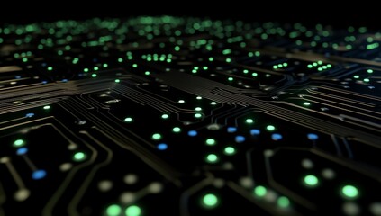 Wall Mural - illuminated circuit board, glowing nodes.