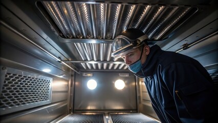 Aufkleber - A medium closeup of a worker inspecting the ovens ventilation system demonstrating the metal ducts and filters with light streaming through the openings emphasizing airflow