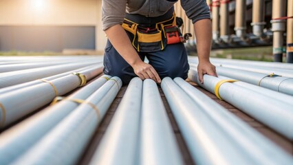 Poster - A medium closeup of a worker kneeling down carefully positioning insulation around piping with their tool belt in view illustrating the meticulous nature of the installation