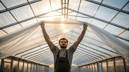 Poster - A medium closeup of a worker lifting a long sheet of clear plastic to cover the greenhouse roof sunlight filtering through the material creating a sense of openness and light.
